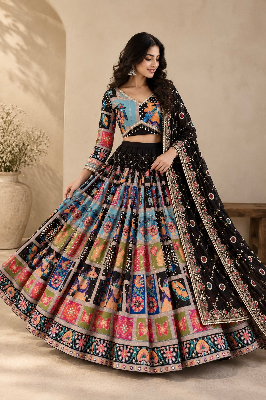 Black Mirror Work Chaniya Choli with Georgette Dupatta - Navratri Special