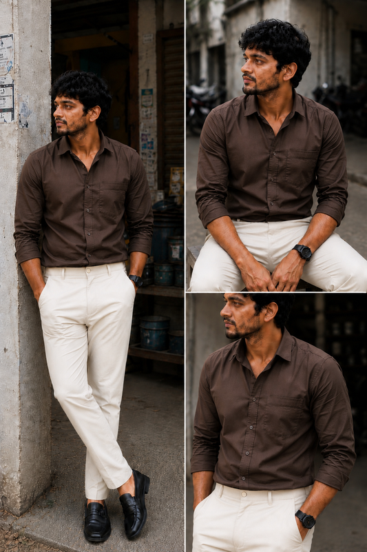 TANDY Coffee Brown Shirt & Ivory Cream Pant Combo | Set of 2