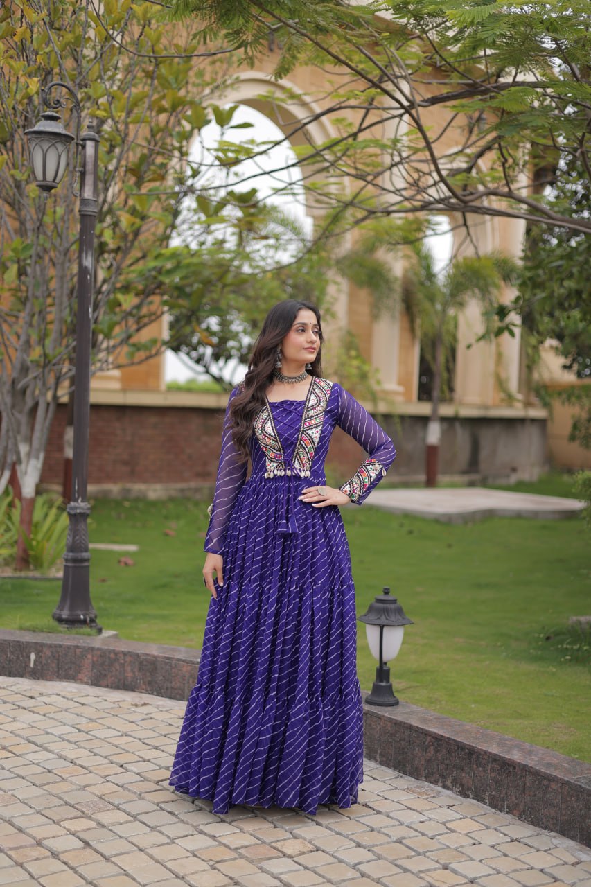 Festive Faux Georgette Leheriya Kutchi Gown | Tulip Designer