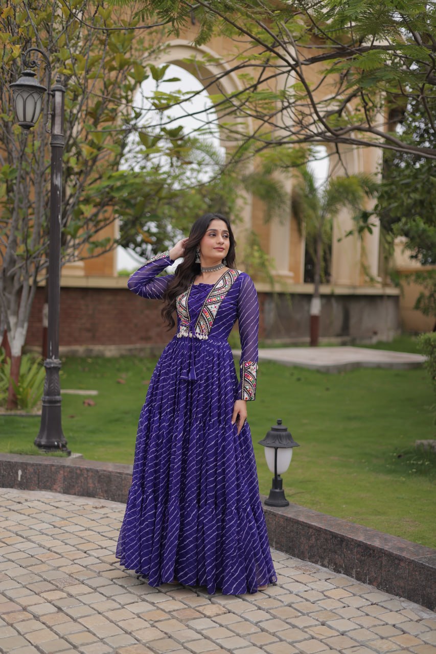 Festive Faux Georgette Leheriya Kutchi Gown | Tulip Designer