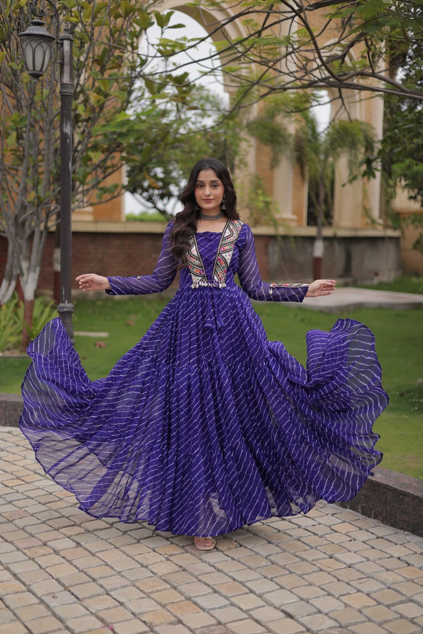 Festive Faux Georgette Leheriya Kutchi Gown | Tulip Designer