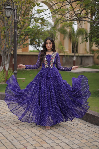 Festive Faux Georgette Leheriya Kutchi Gown | Tulip Designer