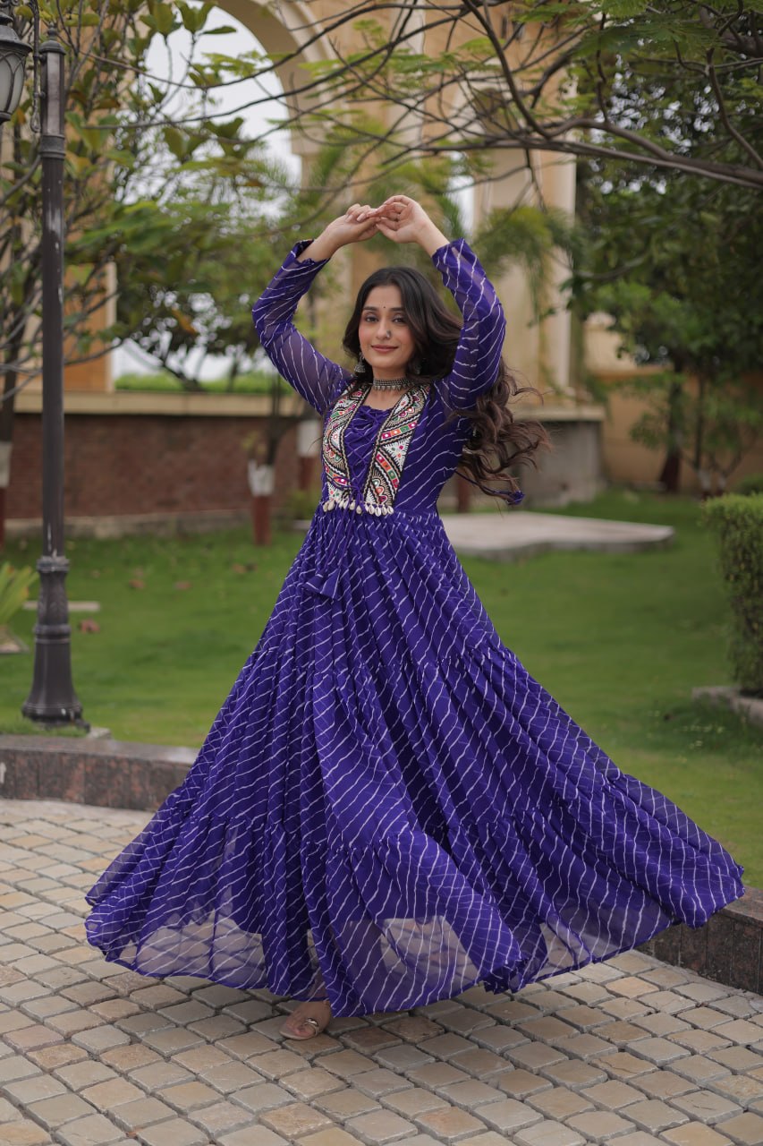 Festive Faux Georgette Leheriya Kutchi Gown | Tulip Designer