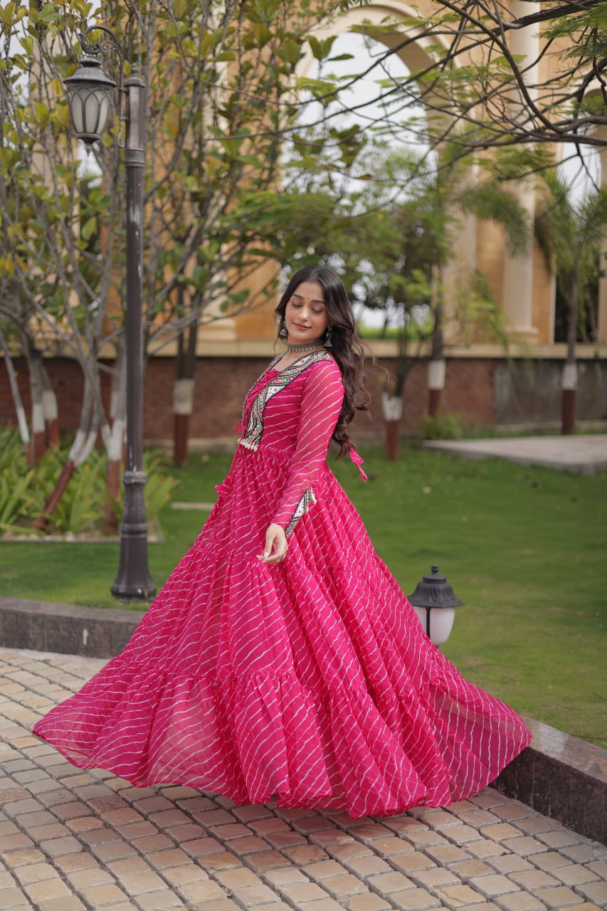 Festive Faux Georgette Leheriya Kutchi Gown | Tulip Designer