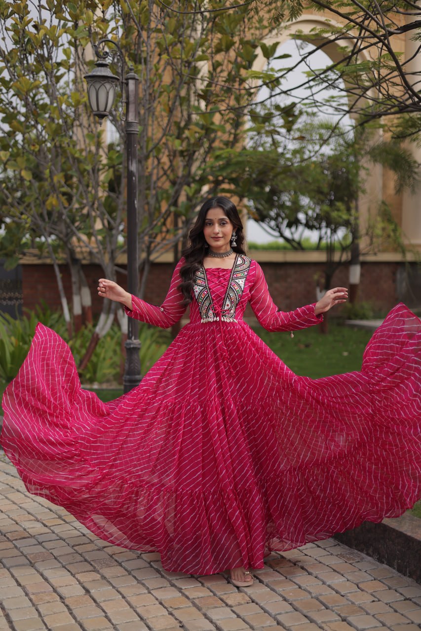Festive Faux Georgette Leheriya Kutchi Gown | Tulip Designer