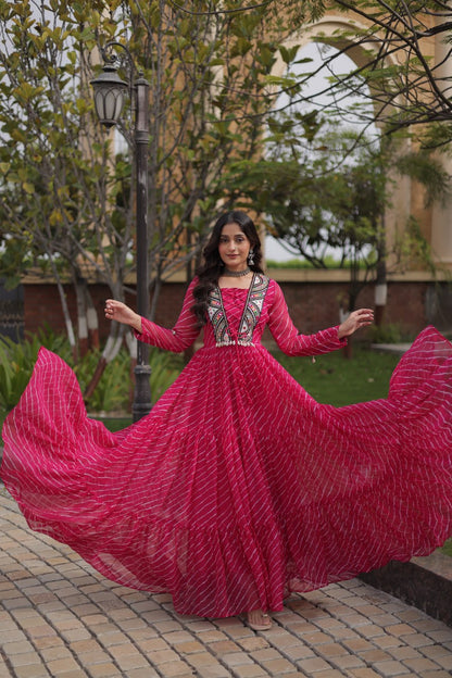 Festive Faux Georgette Leheriya Kutchi Gown | Tulip Designer