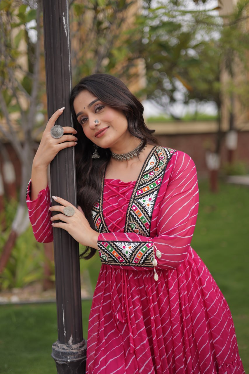 Festive Faux Georgette Leheriya Kutchi Gown | Tulip Designer