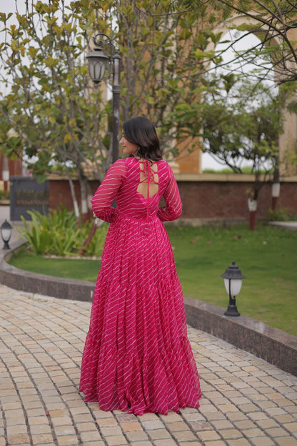Festive Faux Georgette Leheriya Kutchi Gown | Tulip Designer