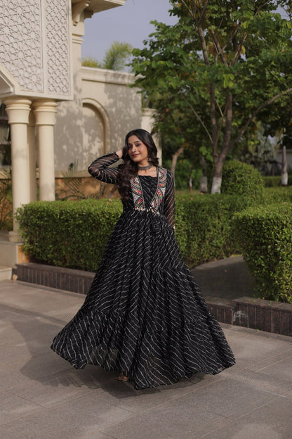 Festive Faux Georgette Leheriya Kutchi Gown | Tulip Designer