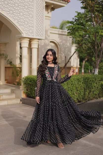 Festive Faux Georgette Leheriya Kutchi Gown | Tulip Designer