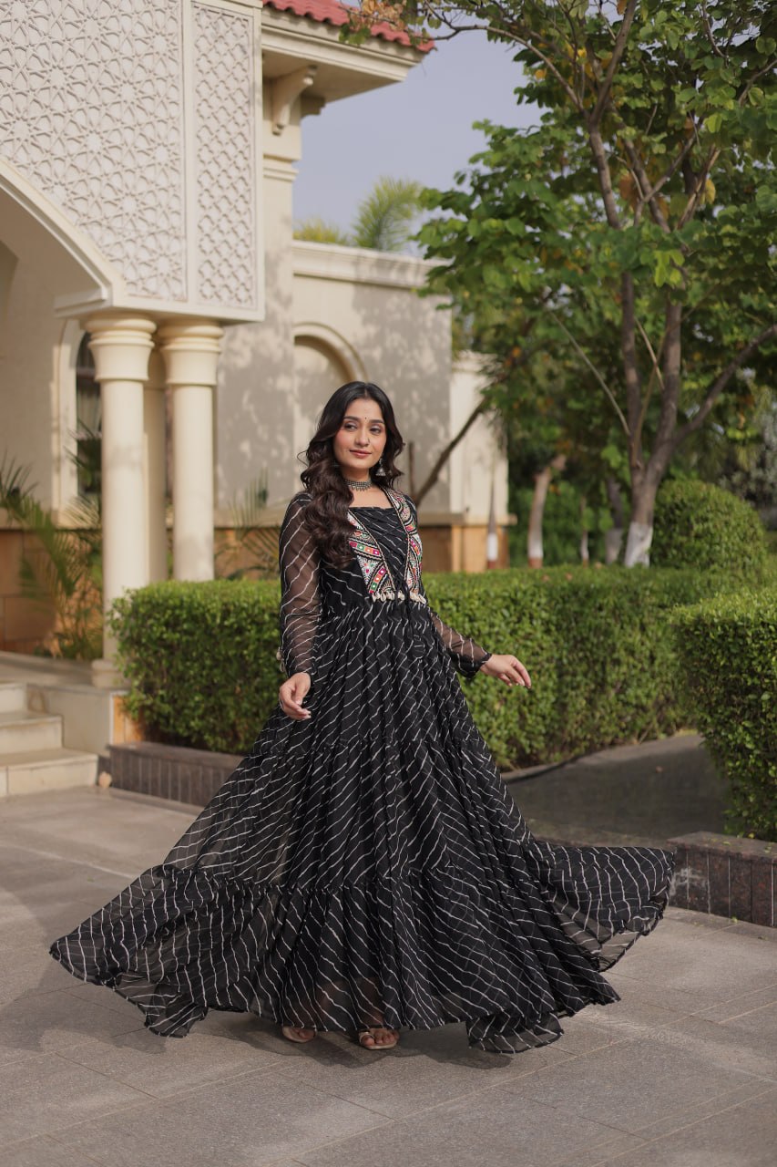 Festive Faux Georgette Leheriya Kutchi Gown | Tulip Designer