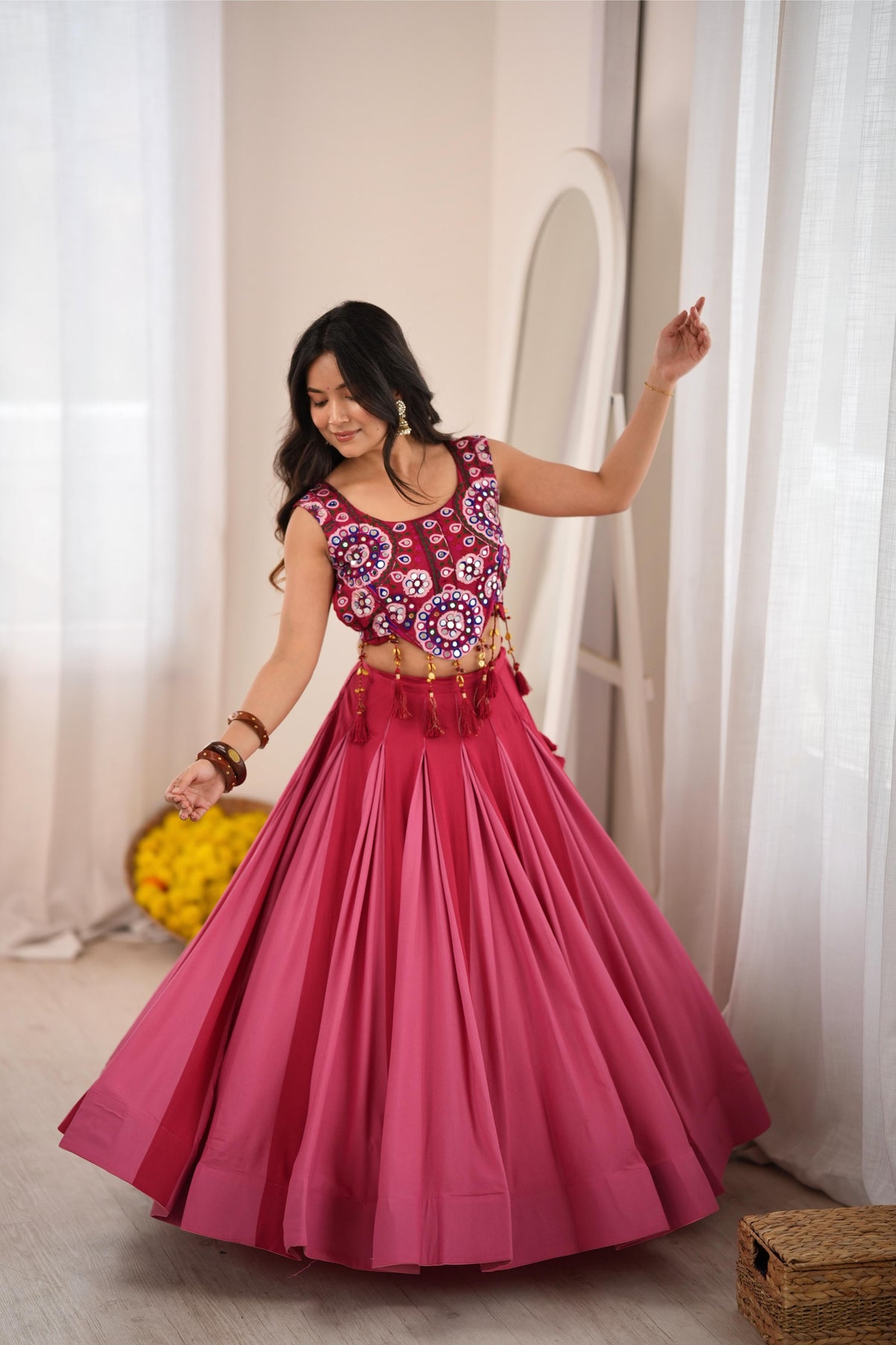 Garba Maroon Rayon Mirror Lehenga Choli Set | Tulip Designer