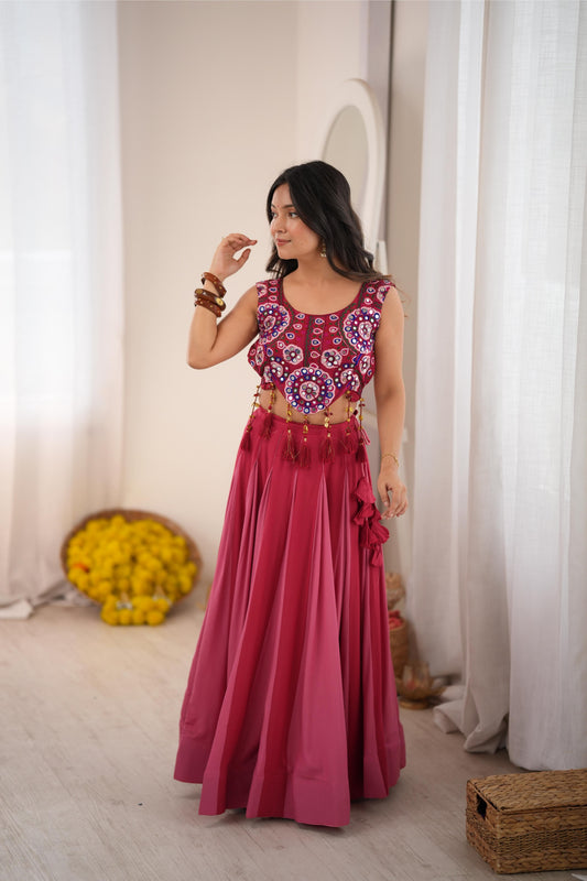 Garba Maroon Rayon Mirror Lehenga Choli Set | Tulip Designer