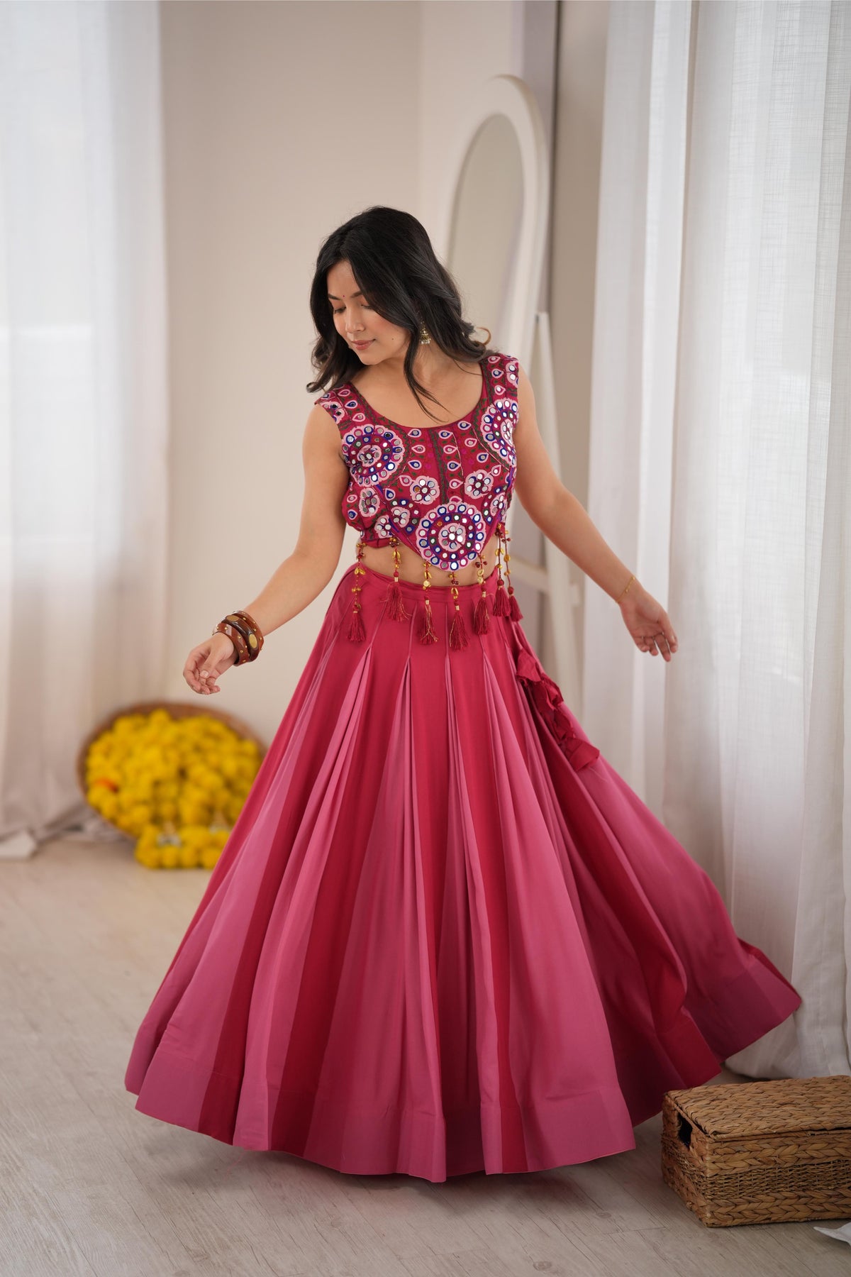 Garba Maroon Rayon Mirror Lehenga Choli Set | Tulip Designer