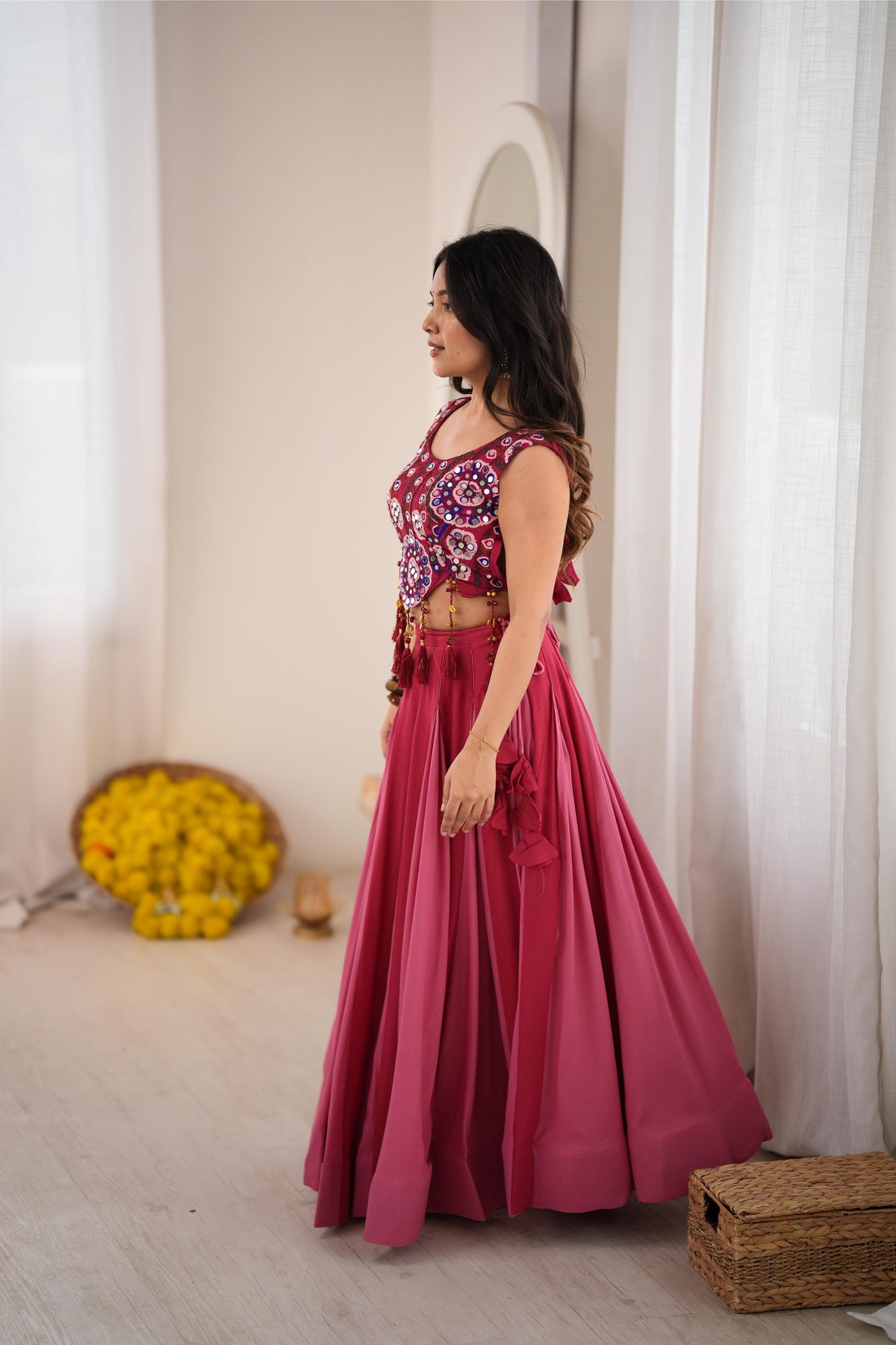 Garba Maroon Rayon Mirror Lehenga Choli Set | Tulip Designer