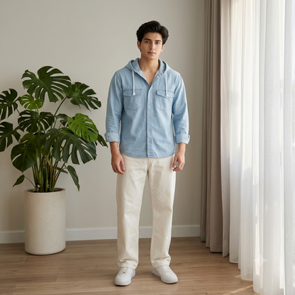 🌟 Trending Men's Casual Combo Set (Stylish Hooded Denim Shirt - White Casual Jeans)