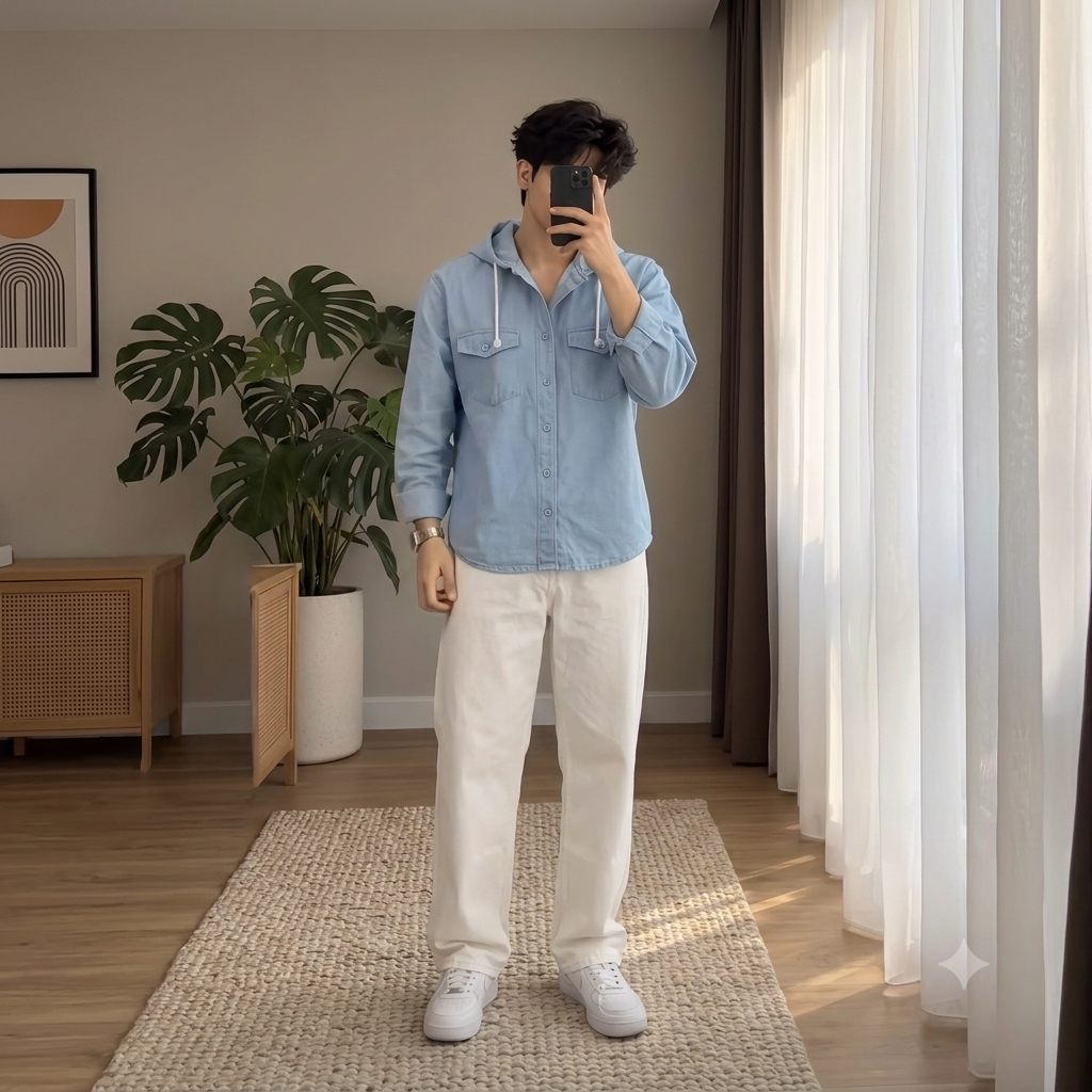 🌟 Trending Men's Casual Combo Set (Stylish Hooded Denim Shirt - White Casual Jeans)