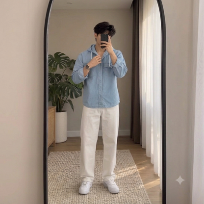 🌟 Trending Men's Casual Combo Set (Stylish Hooded Denim Shirt - White Casual Jeans)