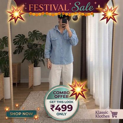 🌟 Trending Men's Casual Combo Set (Stylish Hooded Denim Shirt - White Casual Jeans)