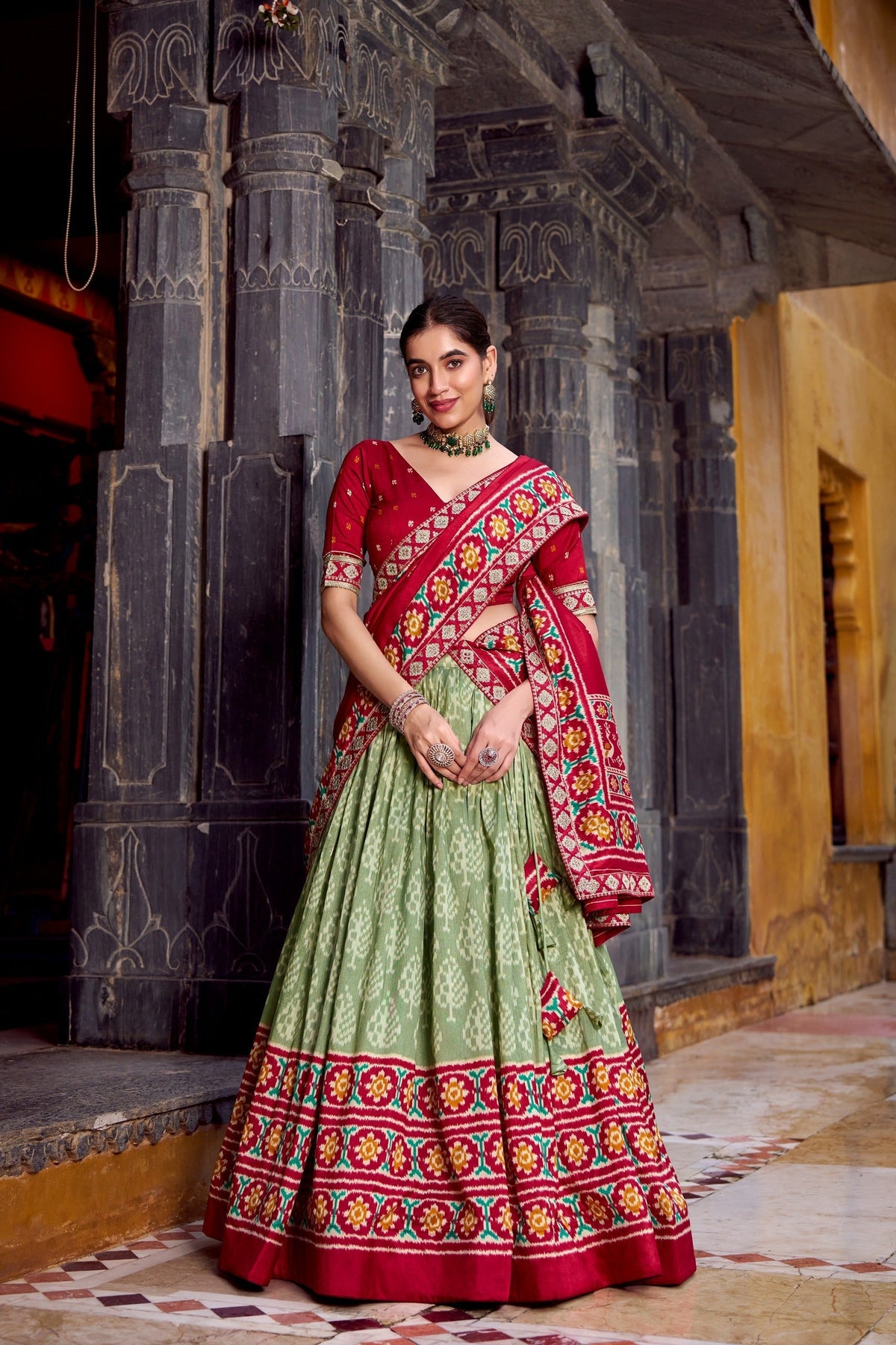 Classic Ikkat Art Tasar Silk Lehenga for Navratri Celebrations