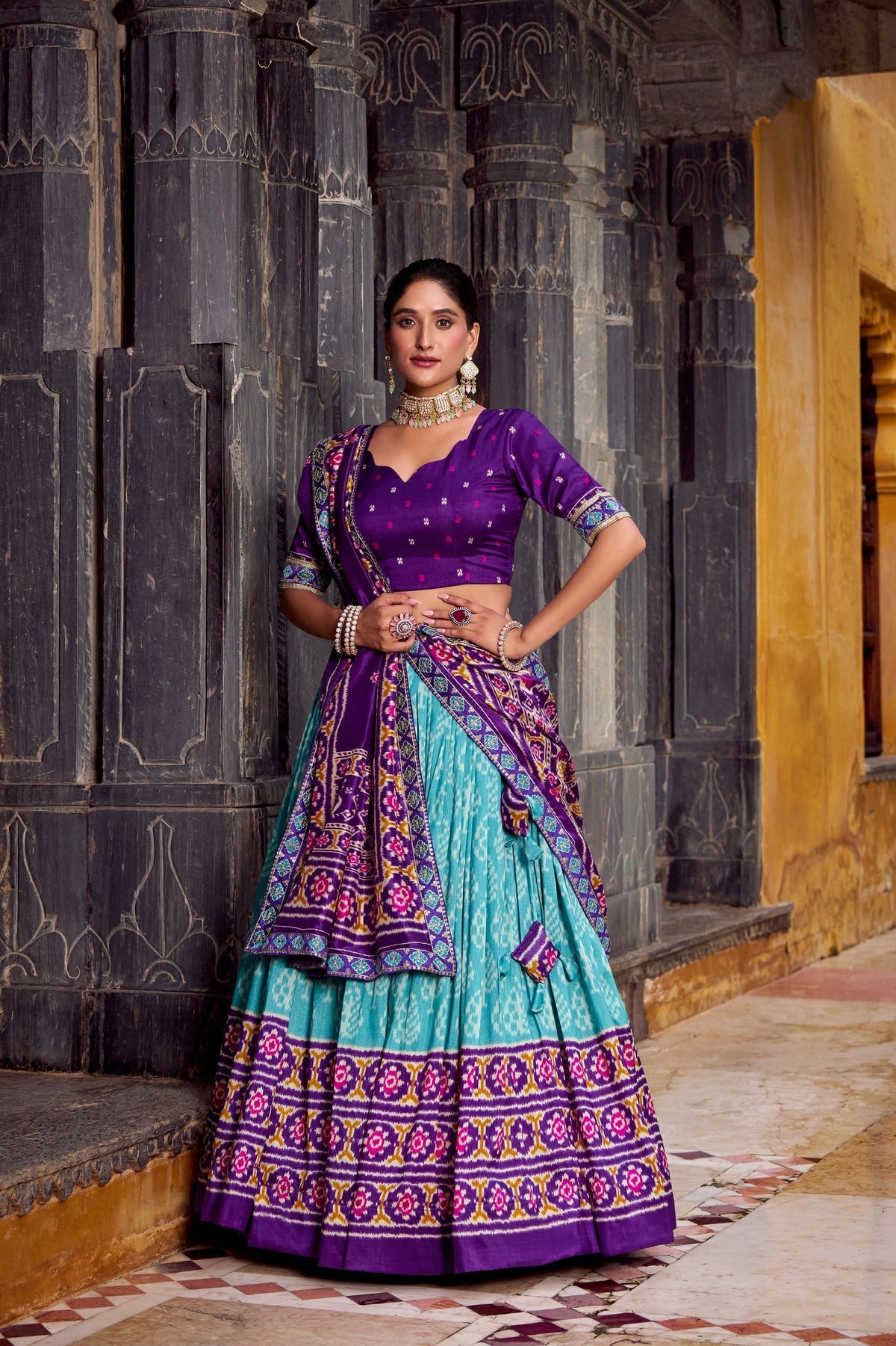 Classic Ikkat Art Tasar Silk Lehenga for Navratri Celebrations