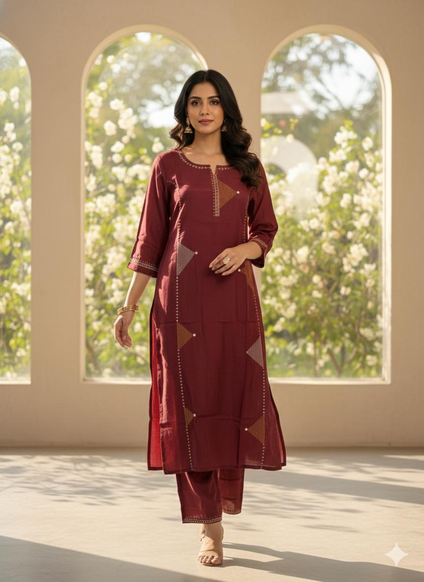 Maroon Geometric Embroidered Suit