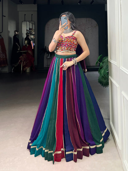 Dandiya Night Multi Color Cowrie Lace Gamthi Work Lehenga for Women