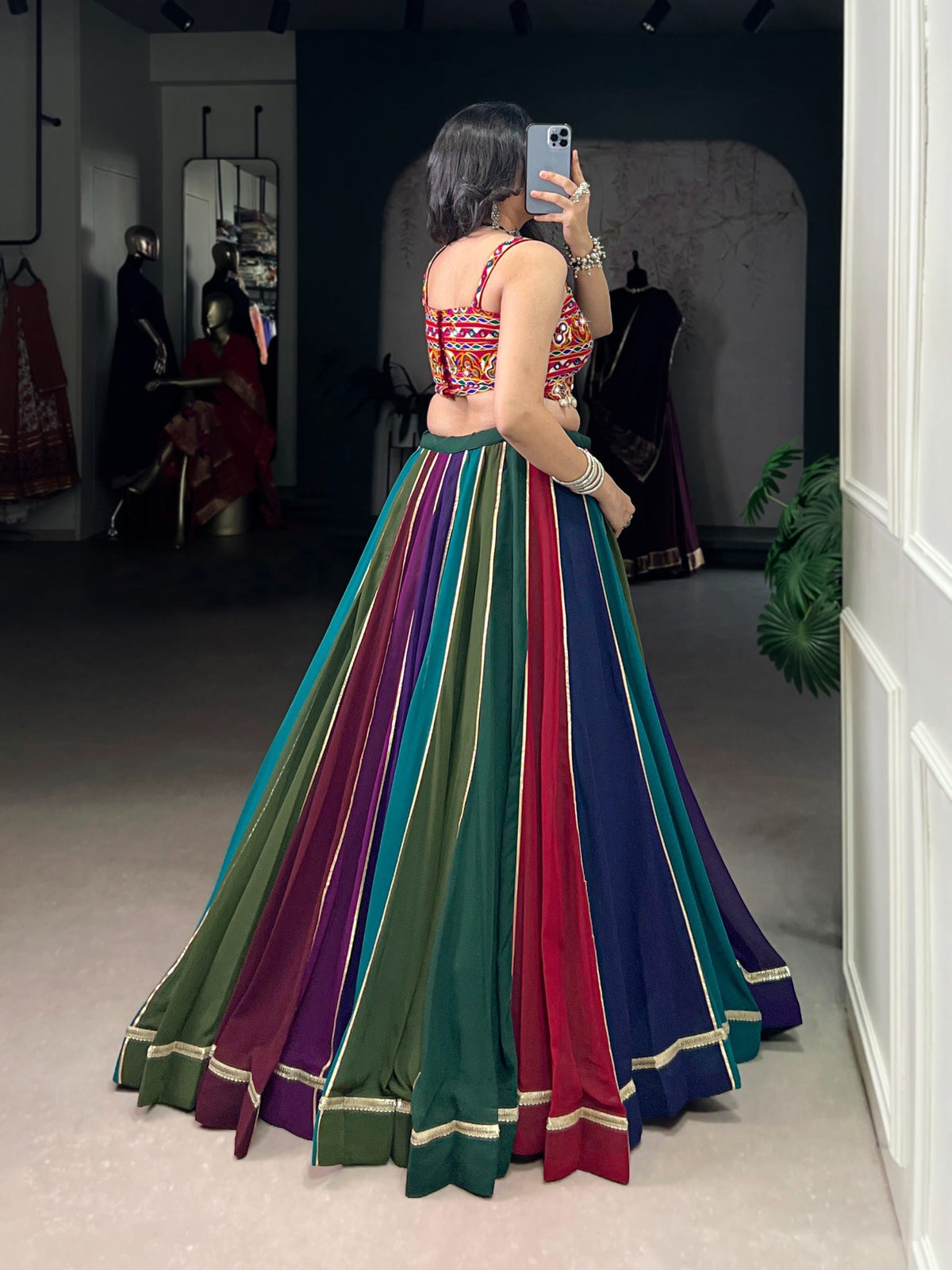 Dandiya Night Multi Color Cowrie Lace Gamthi Work Lehenga for Women