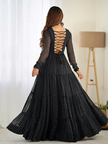 Black Layered Embroidered & Printed Anarkali Gown
