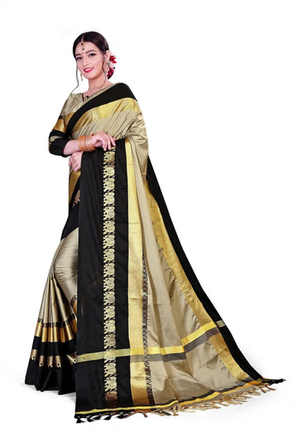 CHIKU & BLACK SOFT COTTON SILK ROYAL PROCESSION DRAPE SAREE