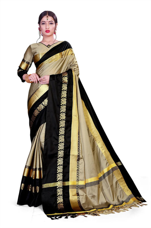 Chiku & Black  Soft Cotton Silk Royal Procession Drape Saree For Women