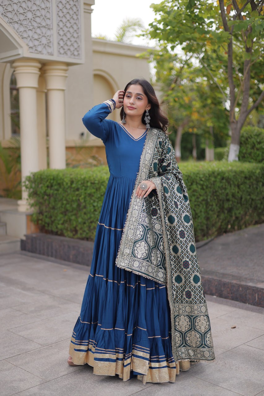 Designer Reyon Gown with Jacquard Dupatta | Tulip Designer
