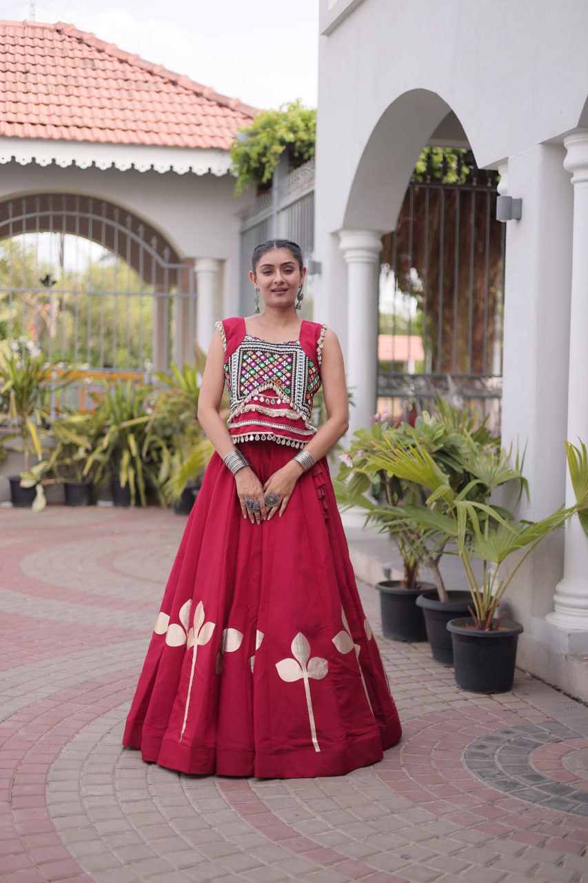 Dandiya Night Roman Silk Pan Patti Gota Lehenga Choli