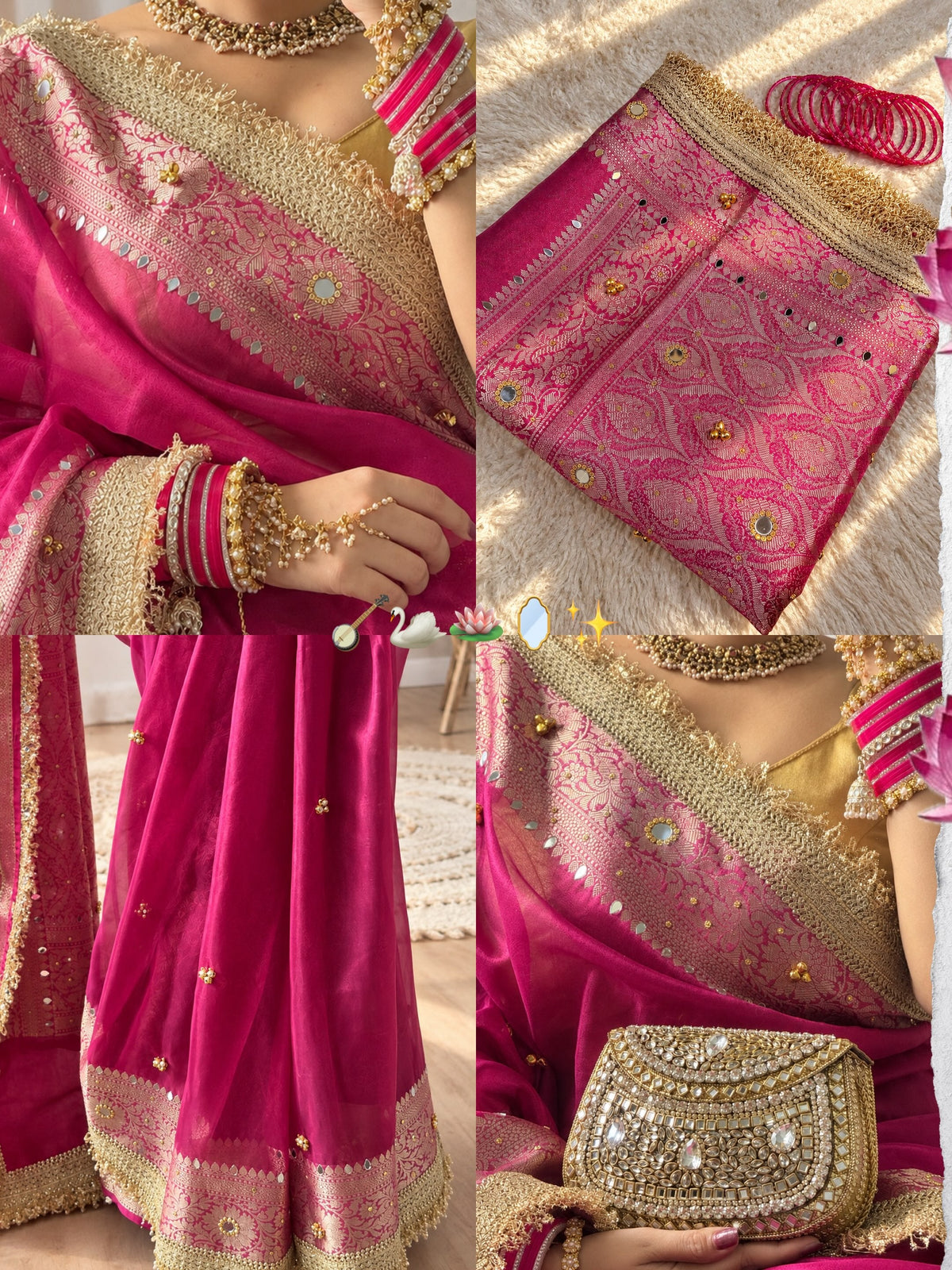 Rani Pink Soft Dola Silk Banarasi Saree With Heavy Zari Border