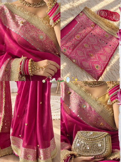 Rani Pink Soft Dola Silk Banarasi Saree With Heavy Zari Border