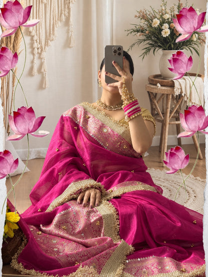 Rani Pink Soft Dola Silk Banarasi Saree With Heavy Zari Border