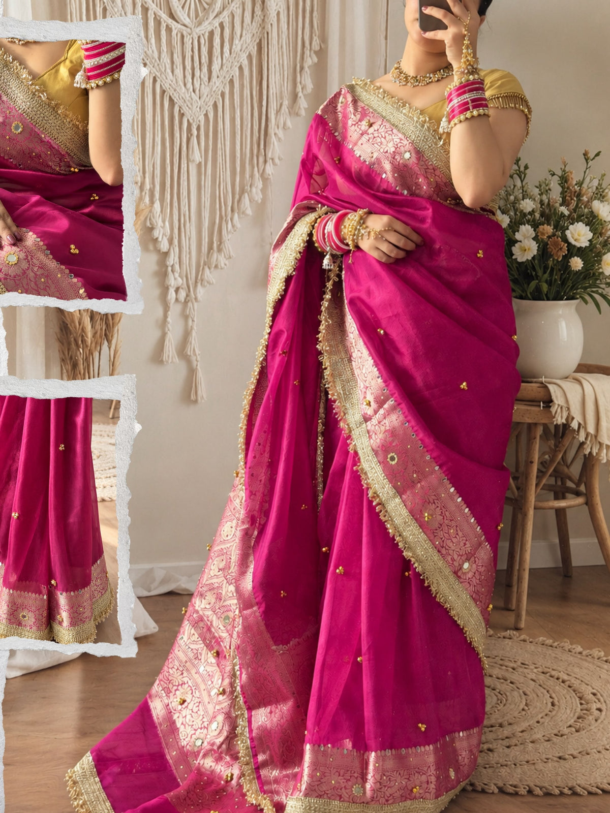 Rani Pink Soft Dola Silk Banarasi Saree With Heavy Zari Border