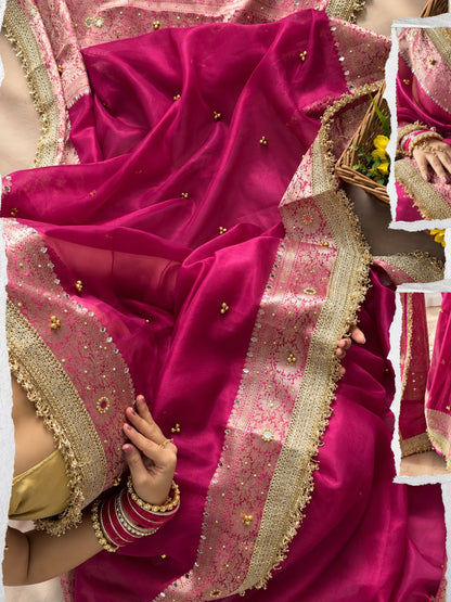Rani Pink Soft Dola Silk Banarasi Saree With Heavy Zari Border