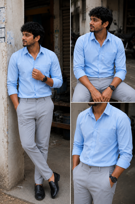 Tendy Sky Blue Shirt & Lite Grey Pant Combo | Set of 2