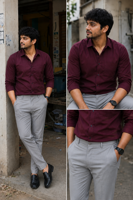 Tandy Maroon Shirt & Lite Grey Pant Combo | Set of 2