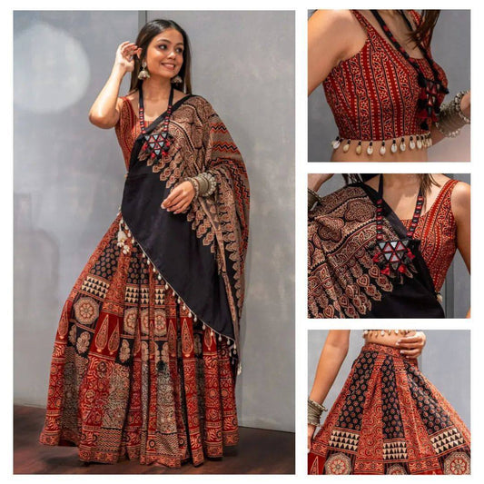 COFFEE ROCK WITH THIS PRINTED AND  KODI LACE NAVRATRI LEHENGA CHOLI