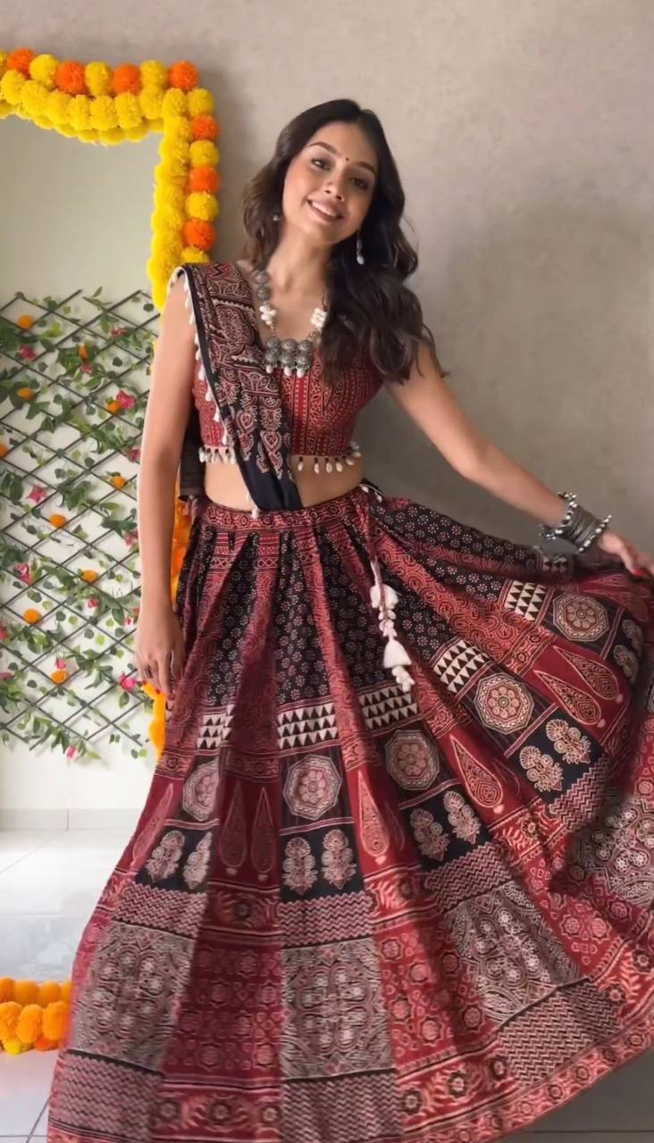 COFFEE ROCK WITH THIS PRINTED AND  KODI LACE NAVRATRI LEHENGA CHOLI