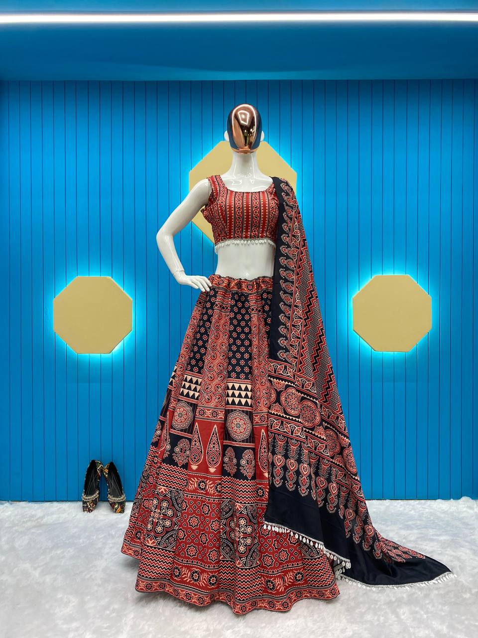 COFFEE ROCK WITH THIS PRINTED AND  KODI LACE NAVRATRI LEHENGA CHOLI