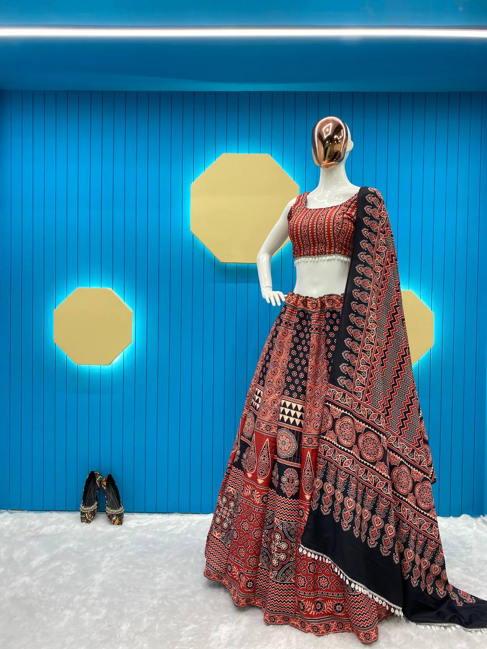 COFFEE ROCK WITH THIS PRINTED AND  KODI LACE NAVRATRI LEHENGA CHOLI