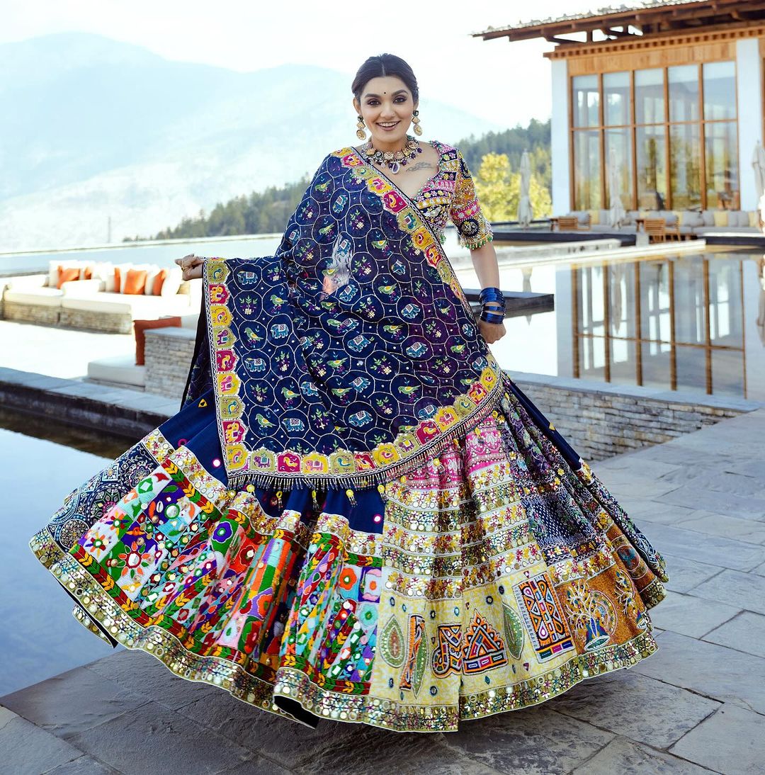 Blue Pink Fancy Digital Print And Real Mirror Work Navratri Lehenga