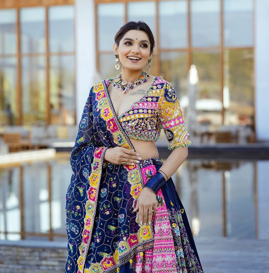 Blue Pink Fancy Digital Print And Real Mirror Work Navratri Lehenga