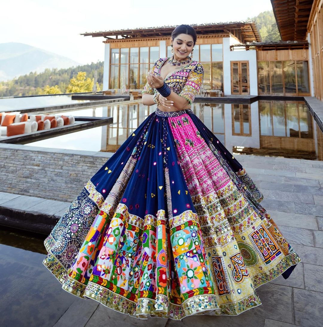 Blue Pink Fancy Digital Print And Real Mirror Work Navratri Lehenga