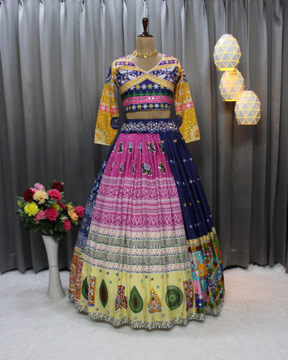 Blue Pink Fancy Digital Print And Real Mirror Work Navratri Lehenga