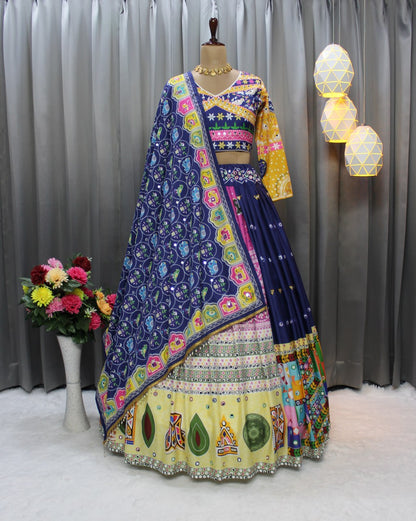 Blue Pink Fancy Digital Print And Real Mirror Work Navratri Lehenga