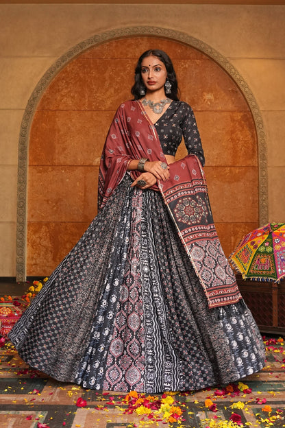 Black Crepe Print Work Navratri Lehenga Choli – Traditional Garba Night Set